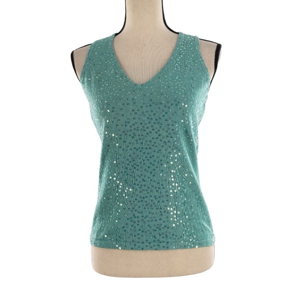 Double D Ranch XS Aqua Blue Sequin Knit Tank Top Linen Cotton Blend Sleeveless